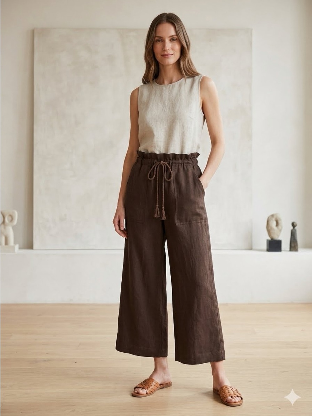 Joie Dark Brown Wide-Leg Drawstring Linen Pants